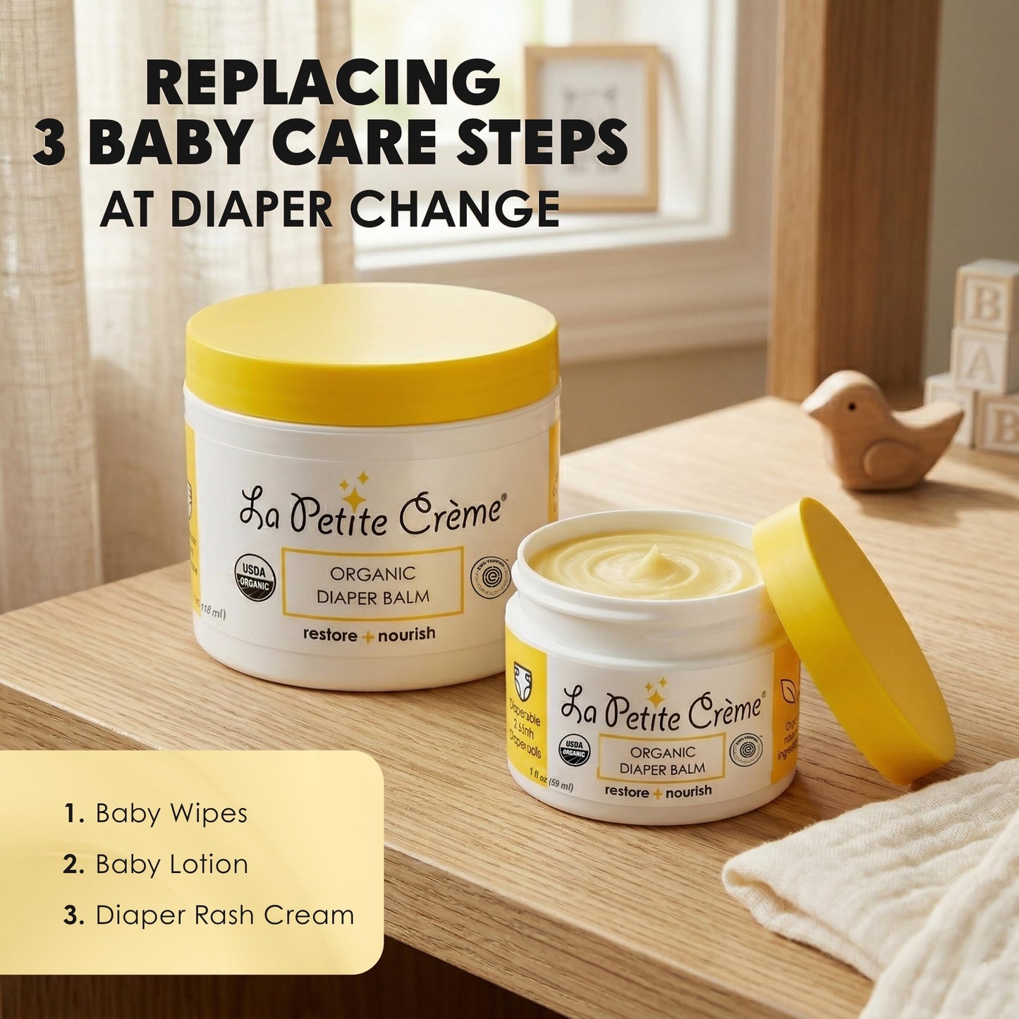 La Petite Creme French Organic Diaper Balm (4 oz) - Healing & Nourishing Diaper Cream - Gentle & Safe Liniment Baby Lotion - USDA Certified Organic - Baby Essentials for Newborn