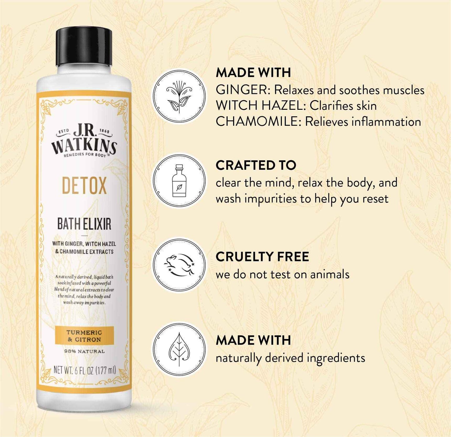 J.R. Watkins Detox Bath Elixir, Liquid Bath Soak Turmeric & Citron with Detoxifying Natural Extracts, No Salt, No Residue, 6 oz