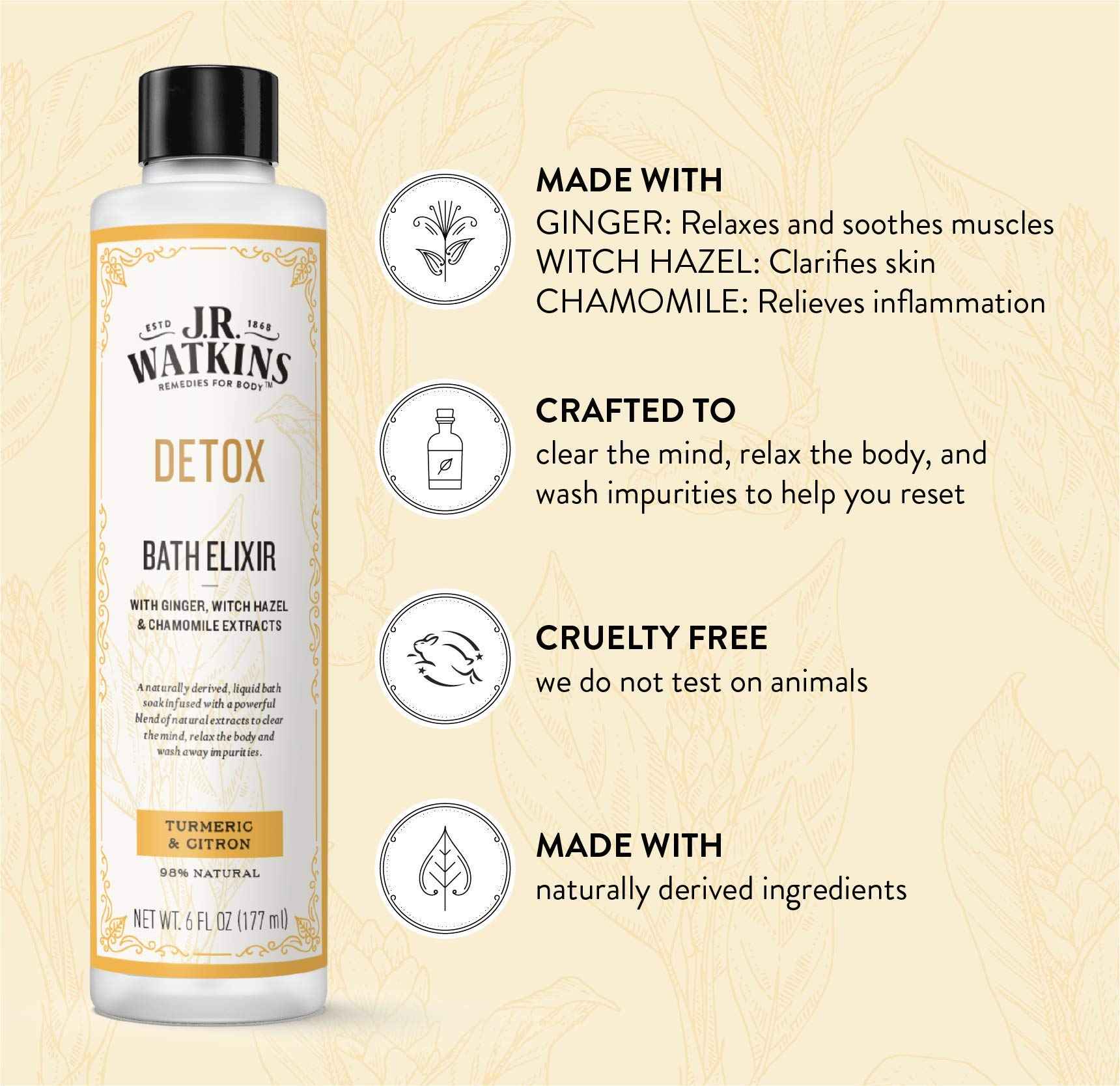 J.R. Watkins Detox Bath Elixir, Liquid Bath Soak Turmeric & Citron with Detoxifying Natural Extracts, No Salt, No Residue, 6 oz