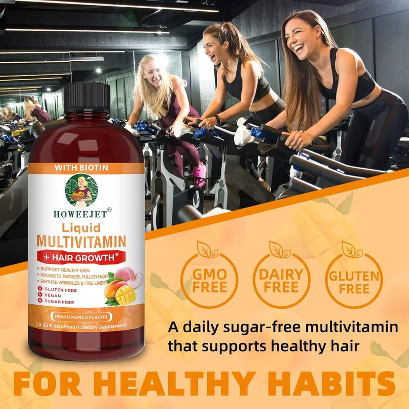 Liquid Multivitamin for Hair Growth - Biotin 10000mcg | Clinically Tested for Thicker Hair & Skin Elasticity | 15.22 Fl Oz
