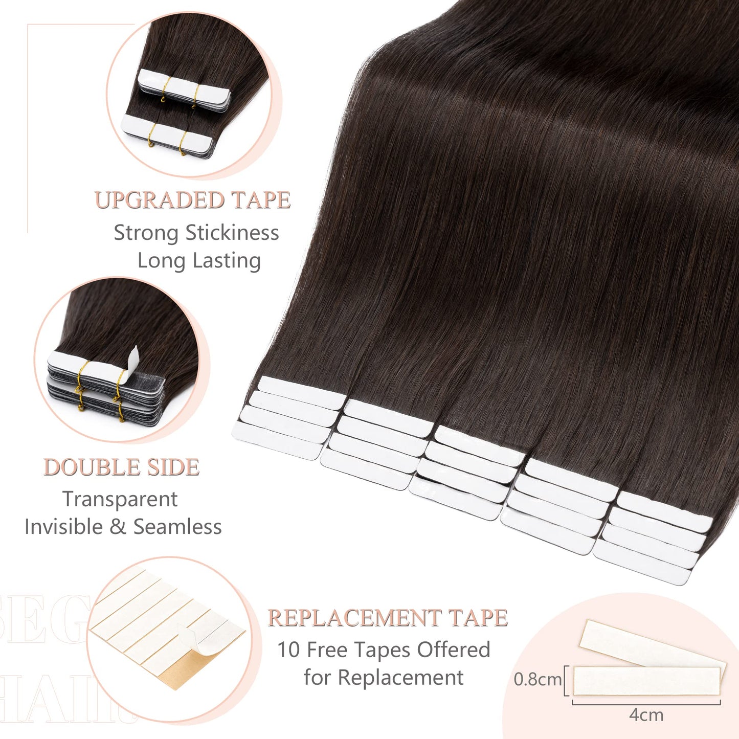 SEGO Tape In Hair Extensions Human Hair, 20pcs 50g 16 Inch Dark Brown Remy Straight Human Hair Tape In Extensions for Women -#02 Dark Brown