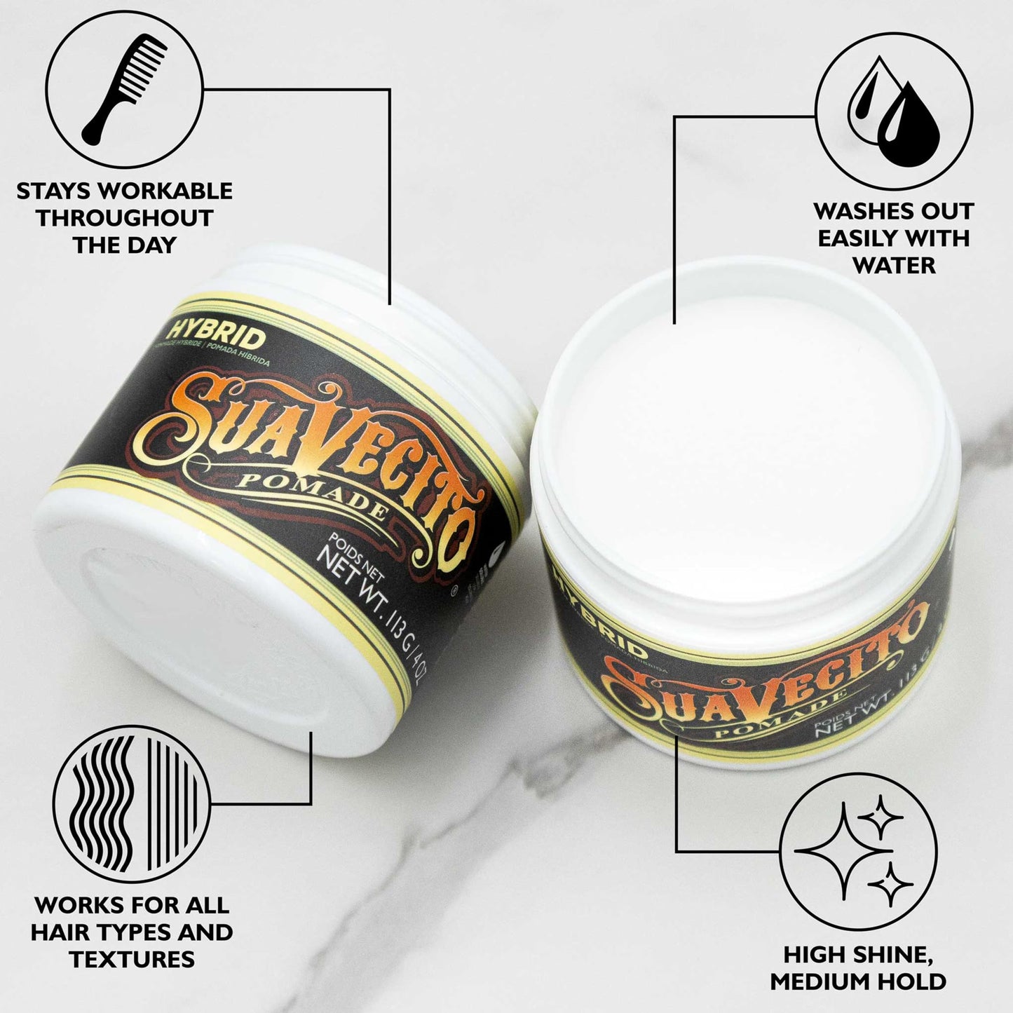 Suavecito Hybrid Pomade For Men - Medium Hold - High Shine - Oil & Water Based Formula - Easy To Wash Out - 4 oz