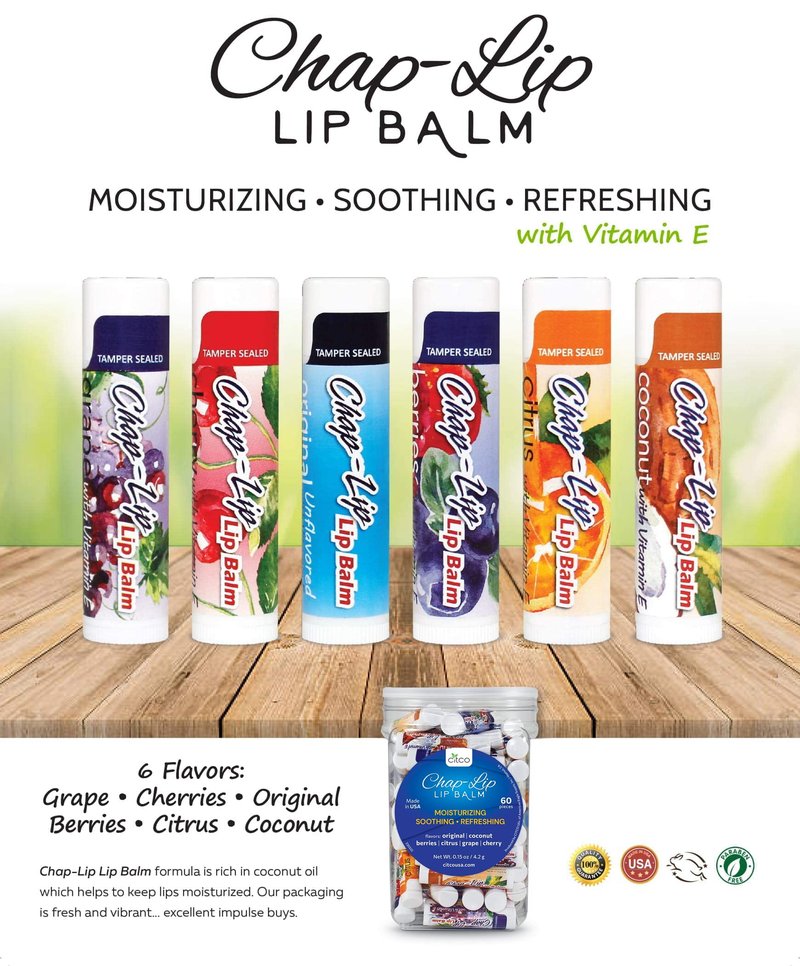 Chap-Lip Lip Balm Vitamin E Lip Balm with Coconut Oil - Lip Moisturizer Treatment - Soothing, & Refreshing, Total Hydration Treatment & Lip Therapy - Assortment of 6 Refreshing Flavors, 60 Count