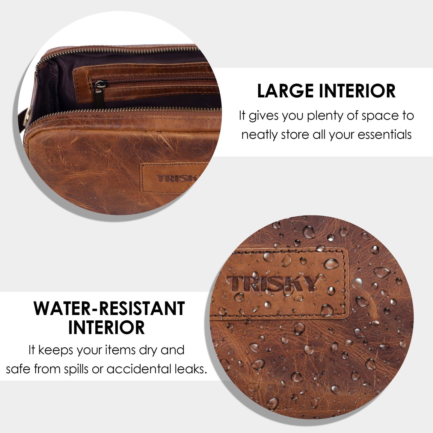 TRISKY Buffalo Leather Toiletry Bag For Men & Women- Grooming Bag For Men, Travel Pouch With Water Resistant Lining, Leather Toiletry Bags For Mens, King-size Handcrafted - Tan
