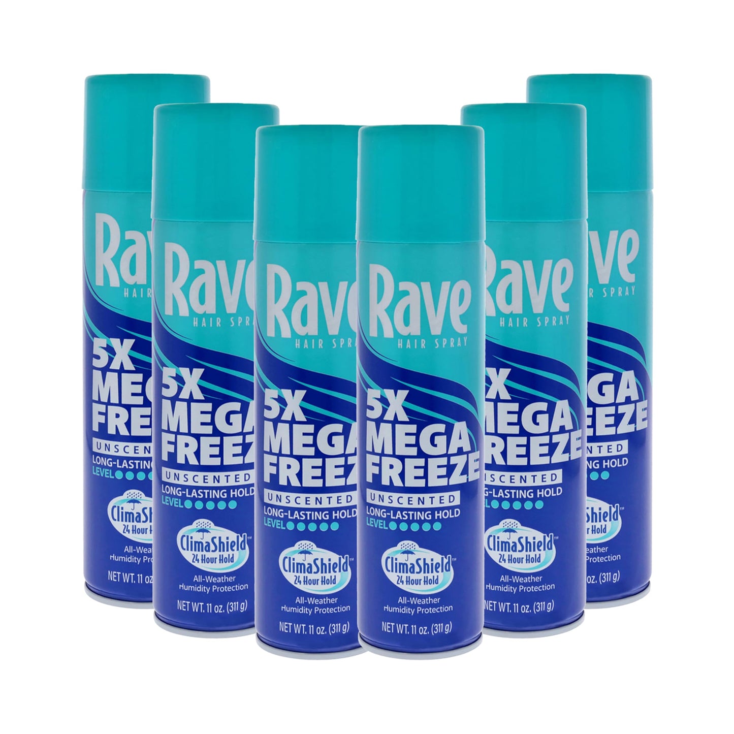 Rave 5X Mega Freeze Unscented Aerosol Hairspray by Rave - Heat Protection, Long Lasting Firm Hold - Minimizes Frizz and Static - 6 pc