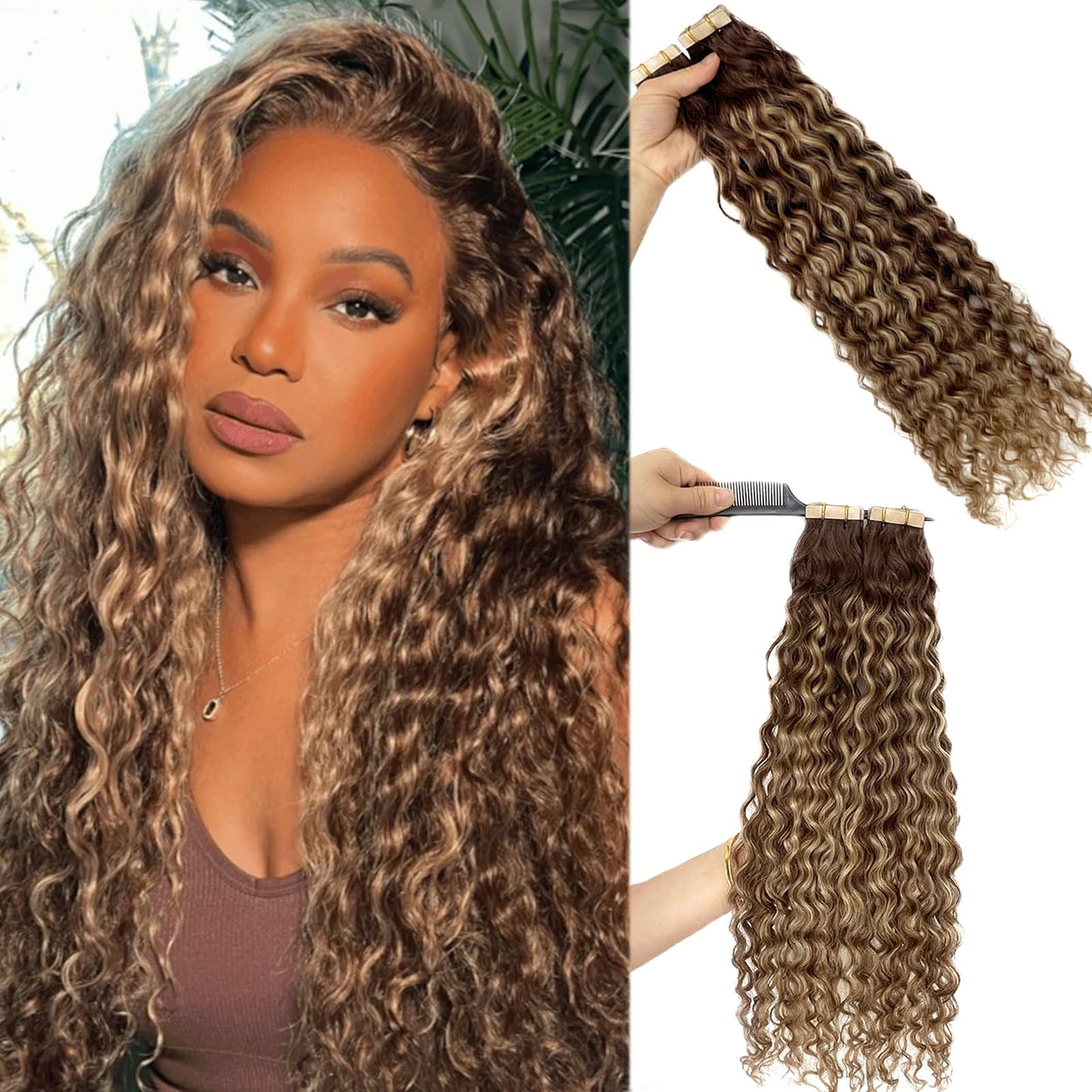 Honey Blonde Highlight Water Wave Tape in Human Hair Extensions Tape ins Real Human Hair Extensions for Black Women Ombre Brown with Caramel Blonde Highlight Loose Curly Skin Weft Hair Extension 12”