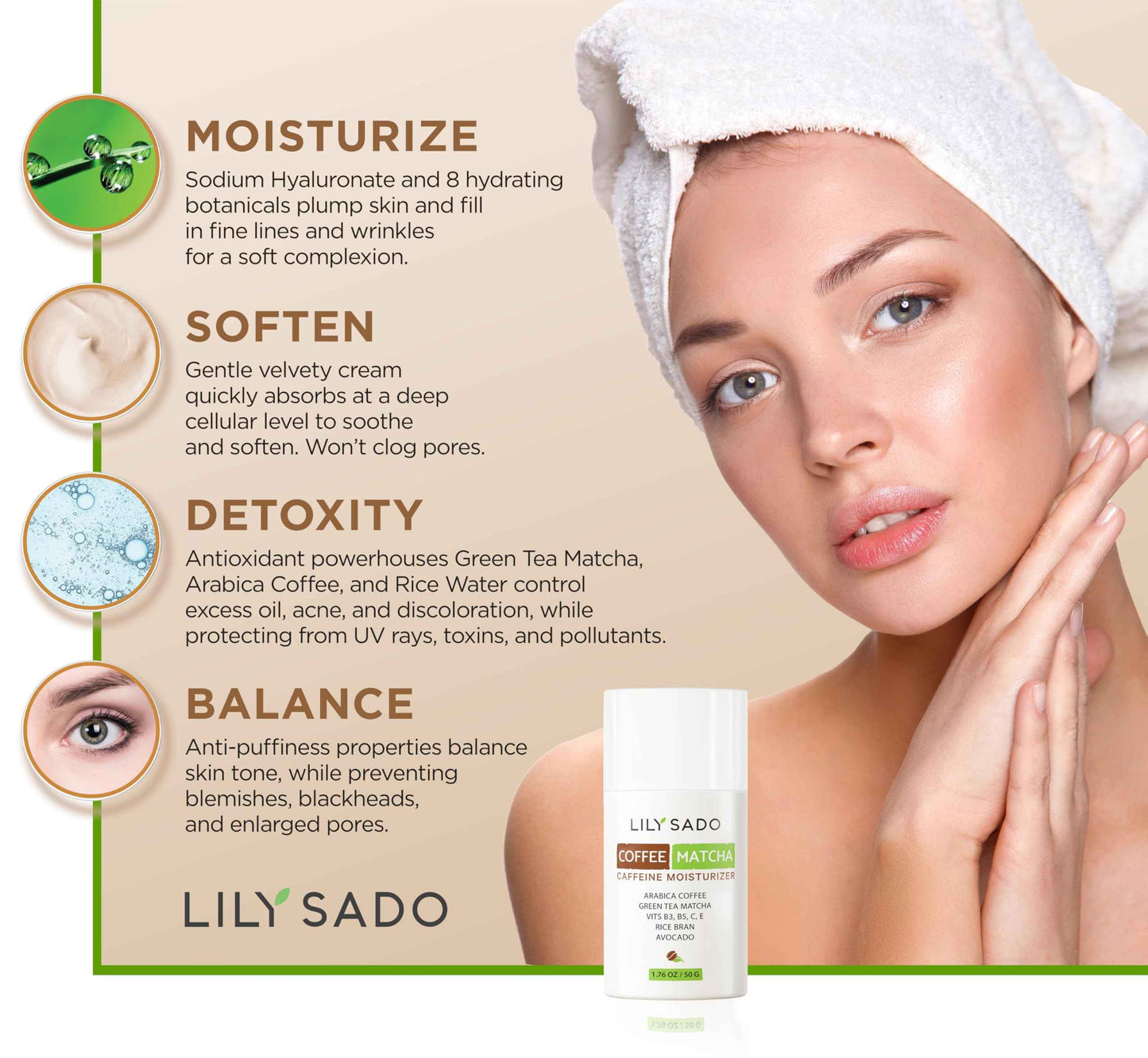 LILY SADO TEA+C™ Coffee & Matcha Face Moisturizer - Natural Vegan Caffeine Facial Cream w Green Tea & Arabica Coffee Beans - Best Antioxidant, Anti-Wrinkle Moisturizing Lotion - Softens & Firms