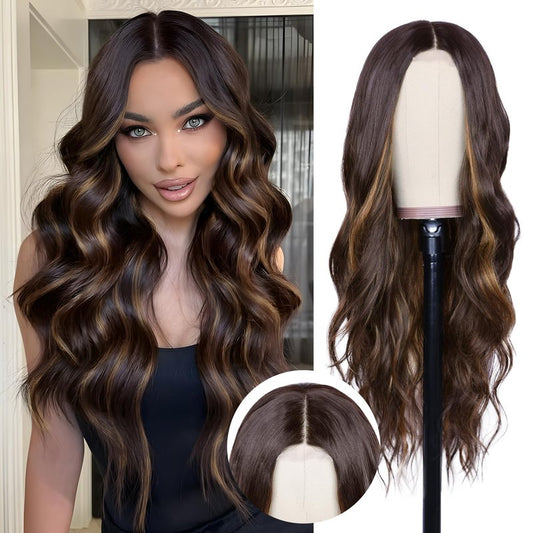 NAYOO Long Dark Brown Mixed Chestnut Wavy Wig for Women 26 Inch Middle Part Lace Hairline Curly Wavy Wig Natural Looking Synthetic Heat Resistant Fiber Wig for Daily Party Use