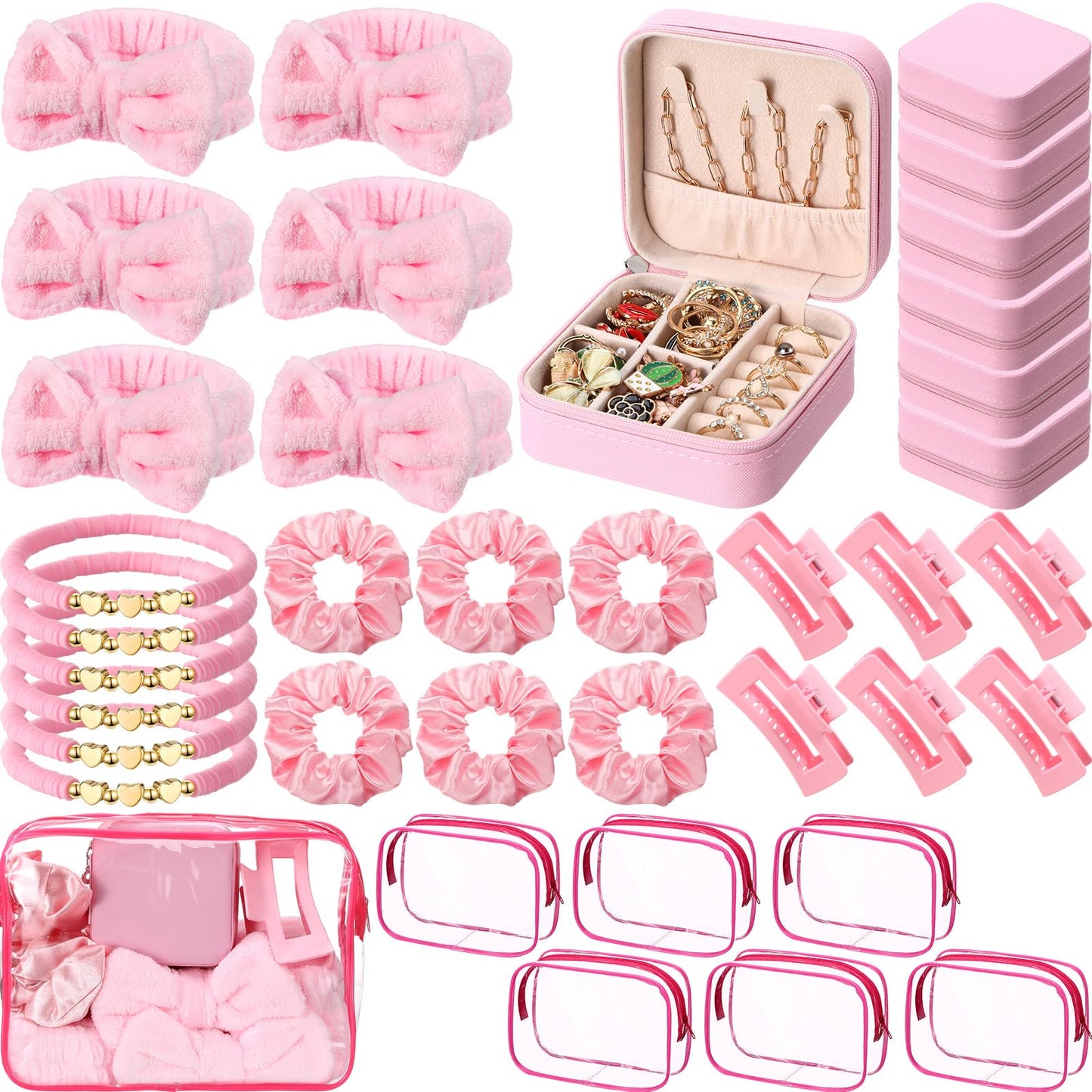 Liliaafar 36 Pcs Teen Girl Party Favors Preppy Gifts Sets Bulk 6 Friendship Bracelets 6 Bow Spa Headband 6 Scrunchies 6 Hair Clip 6 Jewelry Cases 6 Makeup Bags for Women Friend Preppy Gifts(Pink)