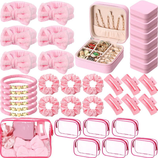 Liliaafar 36 Pcs Teen Girl Party Favors Preppy Gifts Sets Bulk 6 Friendship Bracelets 6 Bow Spa Headband 6 Scrunchies 6 Hair Clip 6 Jewelry Cases 6 Makeup Bags for Women Friend Preppy Gifts(Pink)
