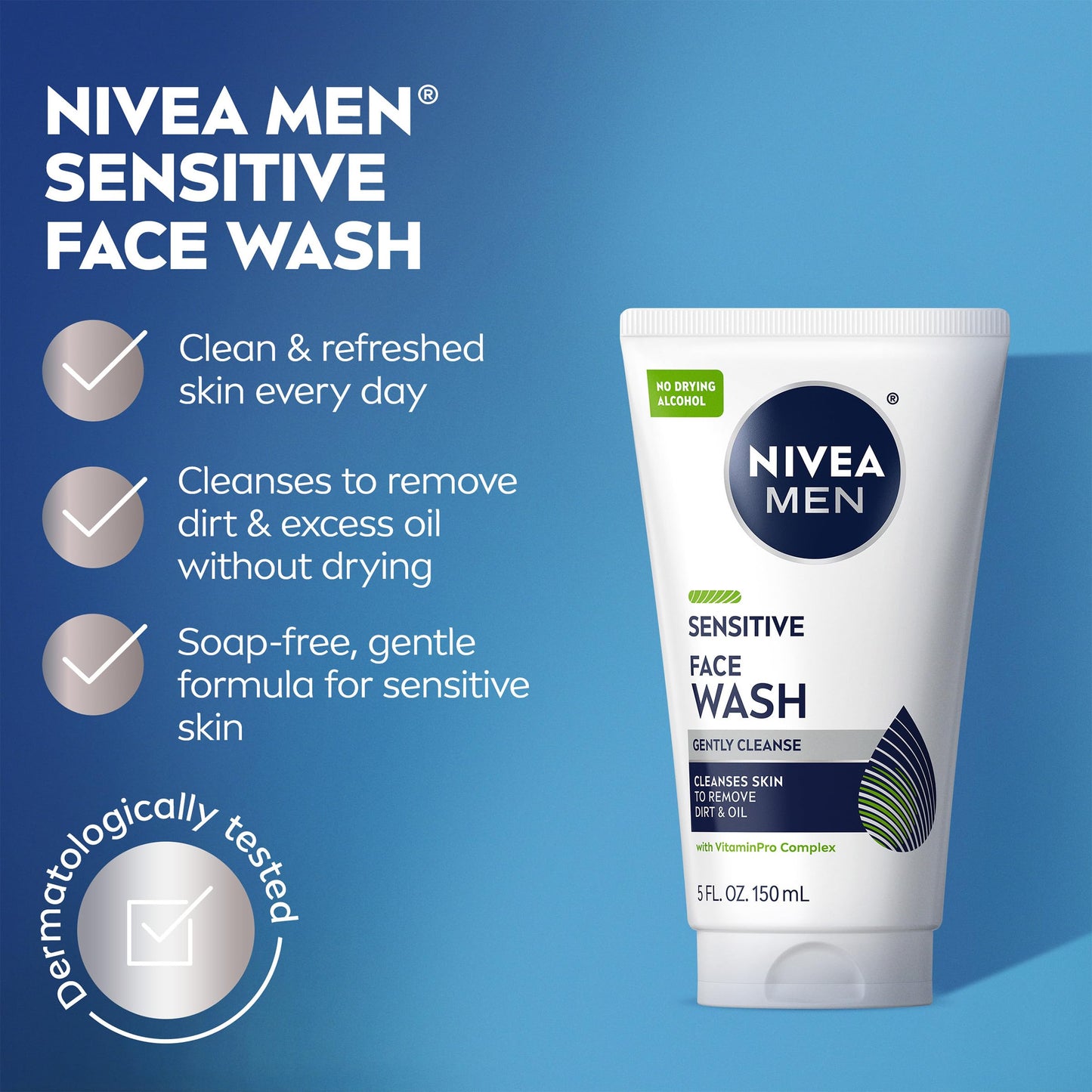 NIVEA MEN Sensitive Face Wash with Vitamin E and Chamomile Extract, No Drying Alcohol, Gentle Face Wash for Men with Sensitive Skin, 5 Fl Oz Tube