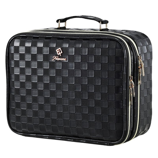 Makeup Bag with LED Lighted Mirror 12.2 IN Cosmetic Train Case Double Layer Makeup Case Adjustable Brightness in 3 Colors Cosmetic Organizer Artist Storage with Brush Holder Vanity Black Checkerboard