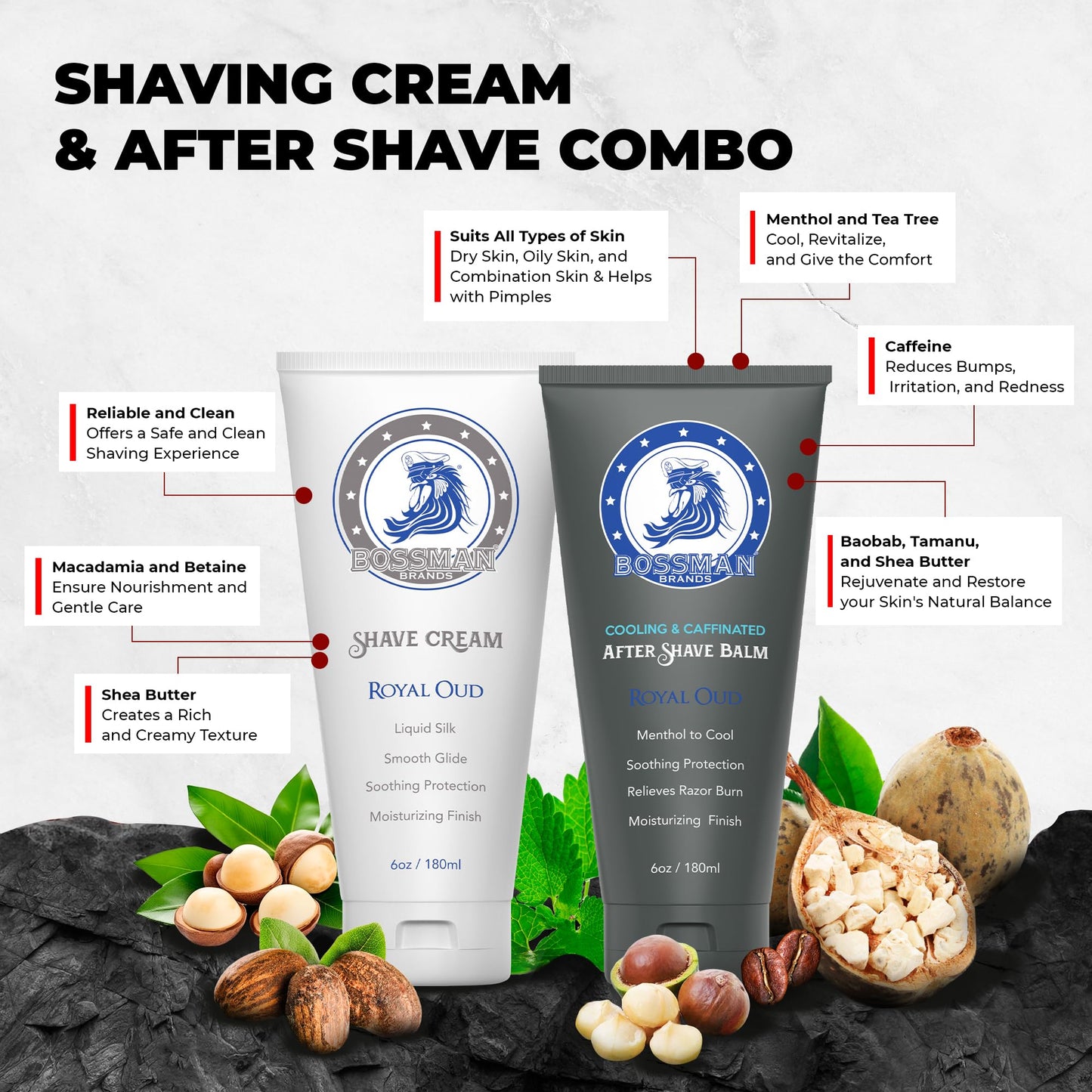 Bossman Silk Lotion Shaving Cream & Cooling After Shave for Men Combo – Shave Cream & After Shave Balm for Men (Royal Oud Scent)