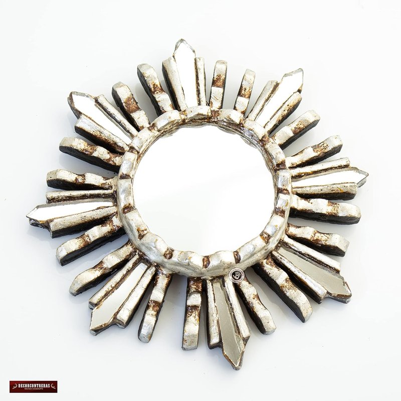Sunburst Wall Mirror - Hand-Carved Peruvian Wood Round Decorative Accent | 6" Silver