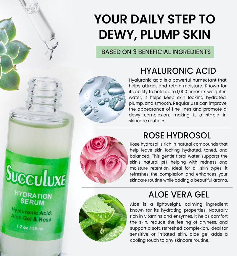 Succuluxe Hydration Serum - with Hyaluronic Acid, Aloe Vera & Rose for Sensitive Skin & Dry Skin