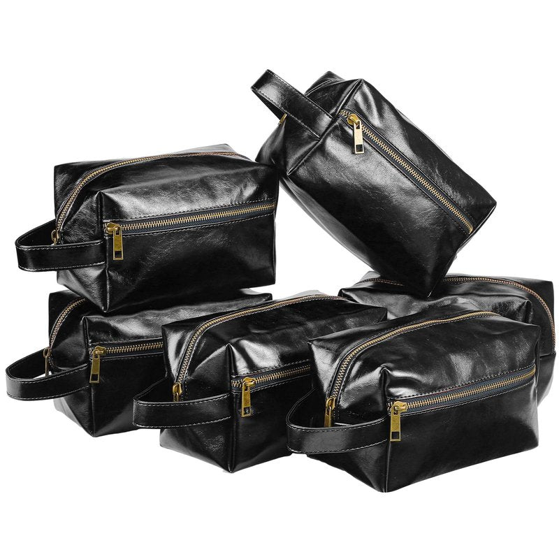 Hillban 6 Pcs Groomsmen Gift Men Travel Toiletry Bag, Bestmen Gifts Set, Leather Toiletry Bag with Side Handle Water Resistant Bathroom Supplies for Wedding Party Favor(Black)