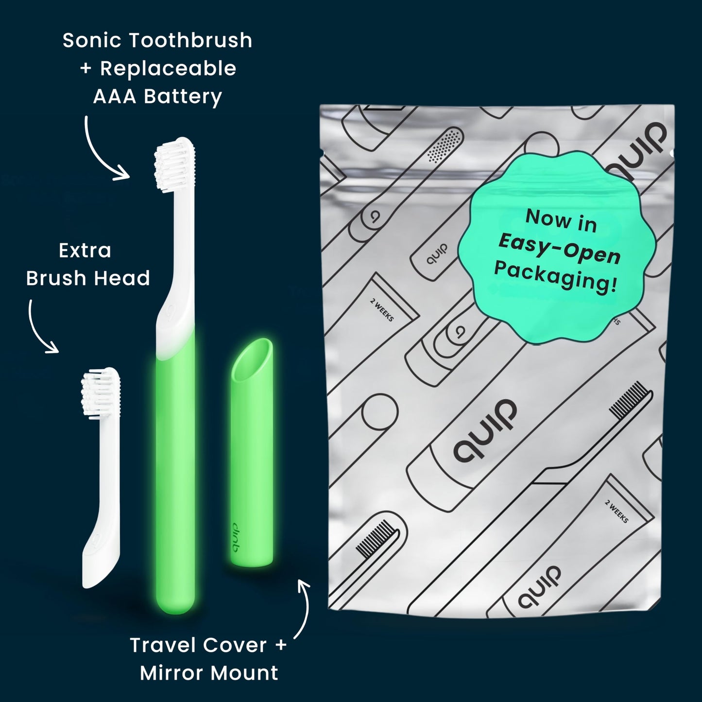 Quip Sonic Toothbrush for Kids with Timer - Includes Extra Brush Head and Travel Cover Mount - Electric, Soft Bristle Refill Head, Rubber Handle, 3 Month Battery Life - Glow in the Dark, Green