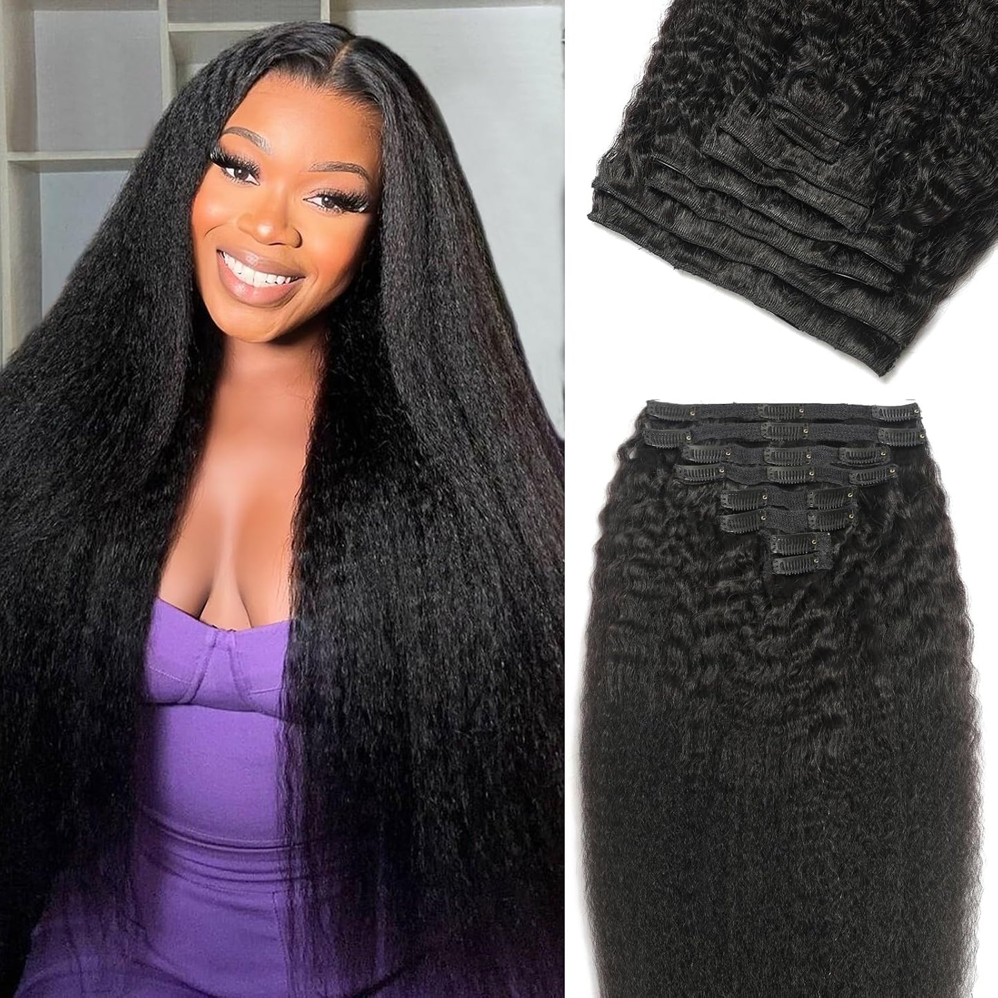 Real Human Hair Clip In Extensions - 20 Inch Kinky Straight, 120g, Full Head, Natural Black