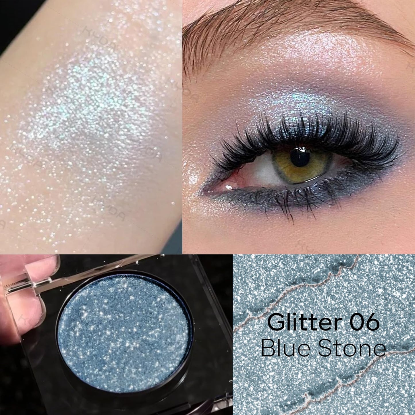 KYDA Single Glitter Eyeshadow, Cyan Blue Silver Eyeshadow, Lasting Blendable Shimmer Eyes Shadow, Sparkling Eyes Glitter, Soft Buildable Glossy Color, Wet Look Effect, Blue Stone