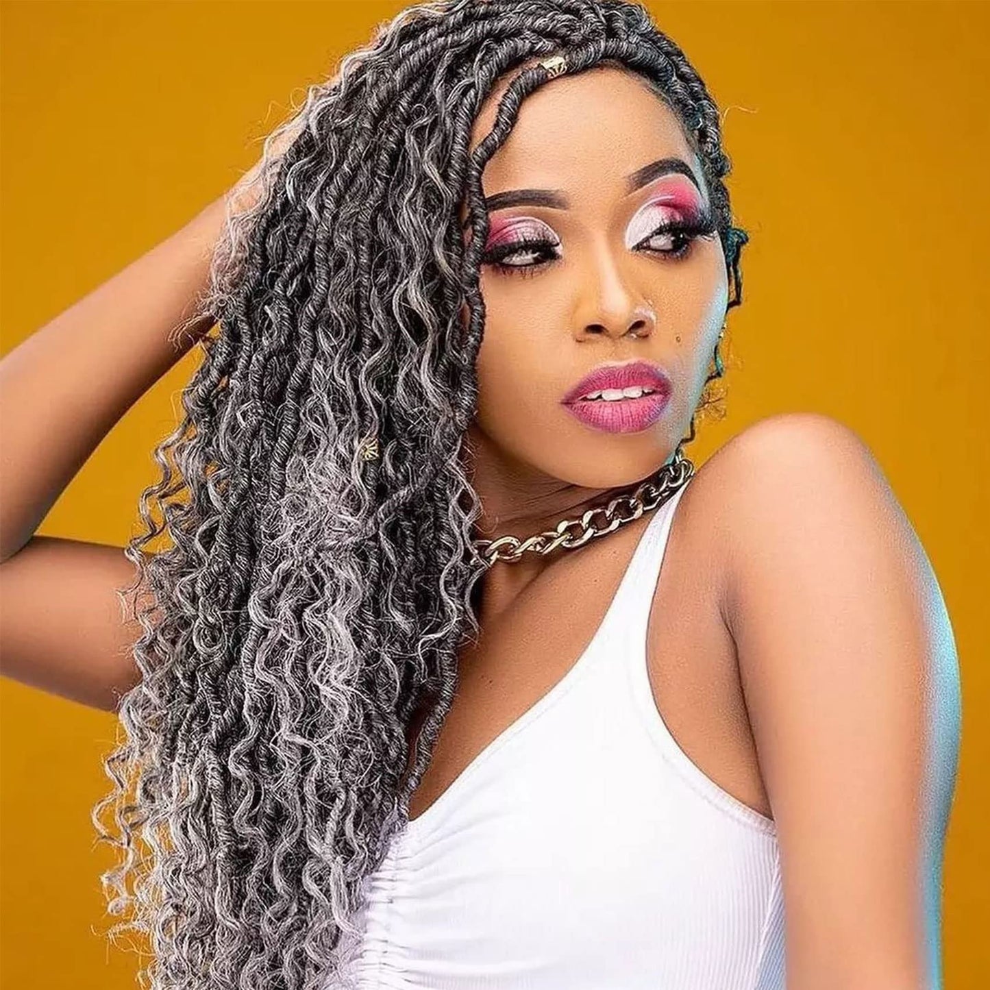 LIYATE Goddess Locs Crochet Hair 18 Inch 6 Packs Faux Locs Gray Crochet Hair for Black Women Pre Looped Soft River Loc Crochet Braids with Curly Hair Boho Loc Hair Extensions(T1B/Gray)