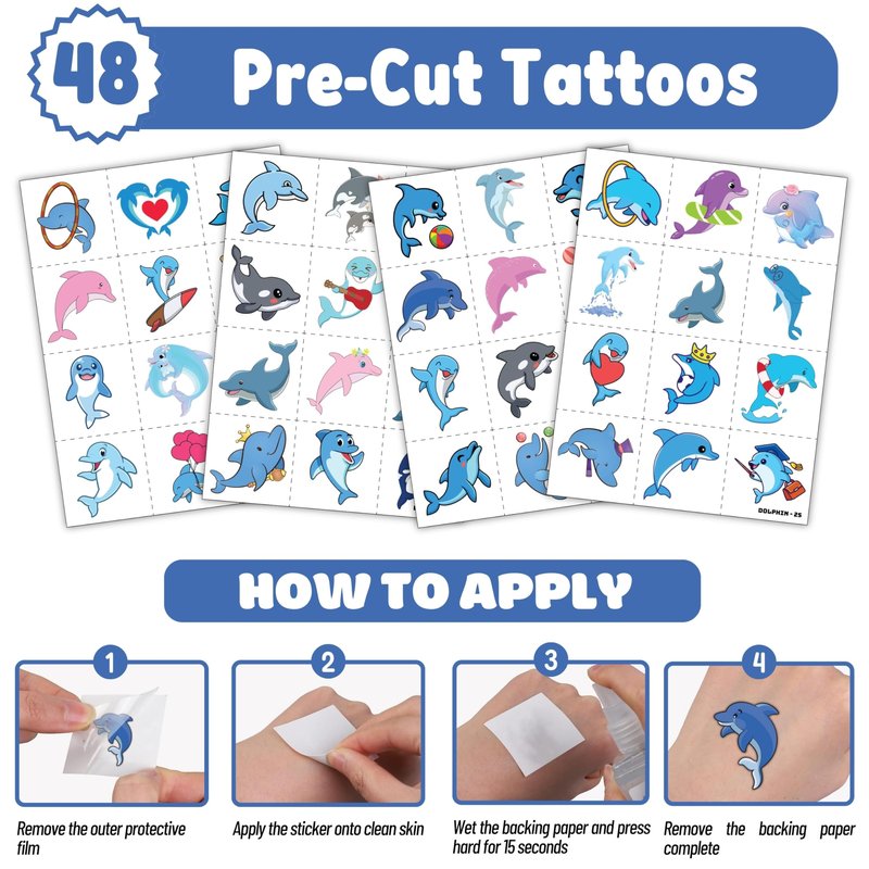 Cherisnowy 72 PCS Dolphin Party Favors - 48 Temporary Pre-Cut Tattoos & 24 Slap Bracelets - Party Favors for Boys & Girls, Birthday Goodie Bag Fillers, Baby Shower Gifts, Classroom Rewards