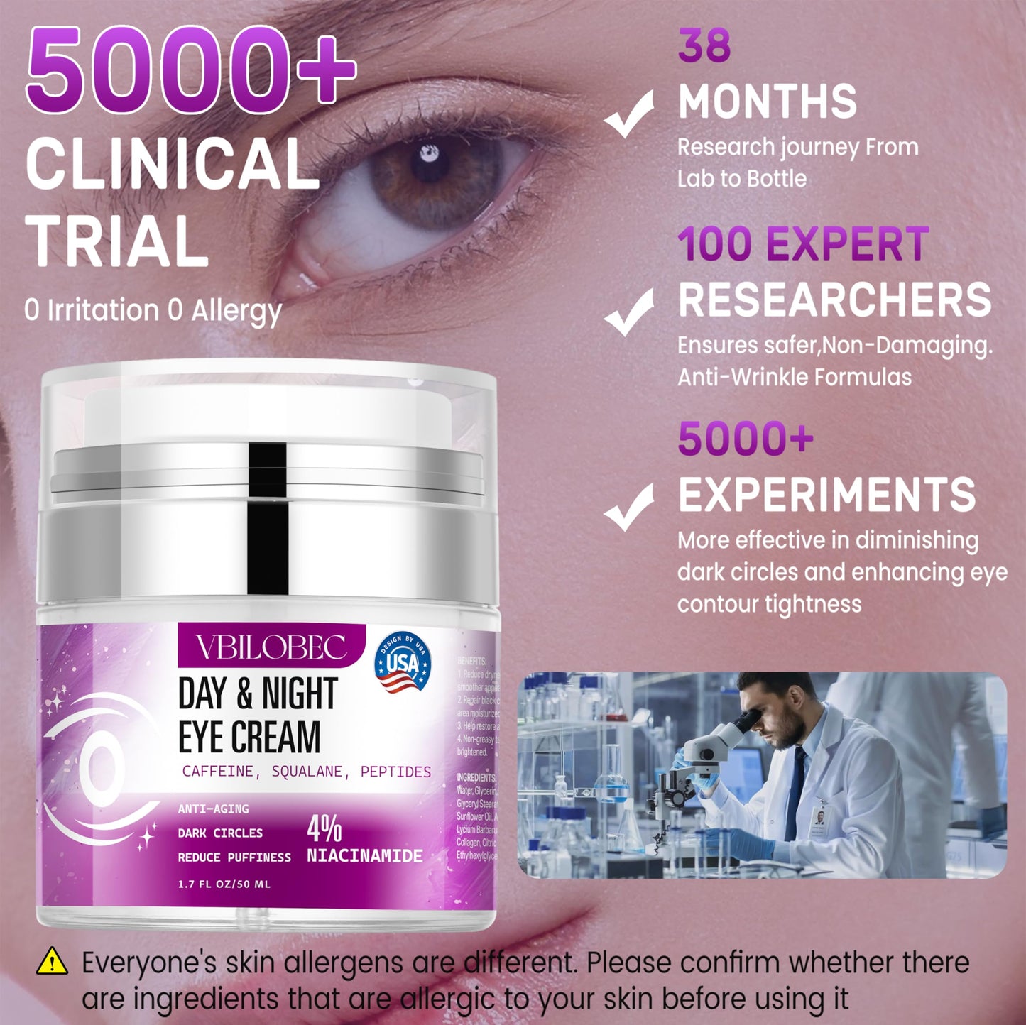 Vbilobec 2025 Latest Caffeine Eye Cream:[30+ SGS Certified] [Used by Over 1M Fans] Anti-aging Eye Cream to eliminate dark circles, puffiness, and fine lines.1.7 fl oz, for Women& Men,2PC