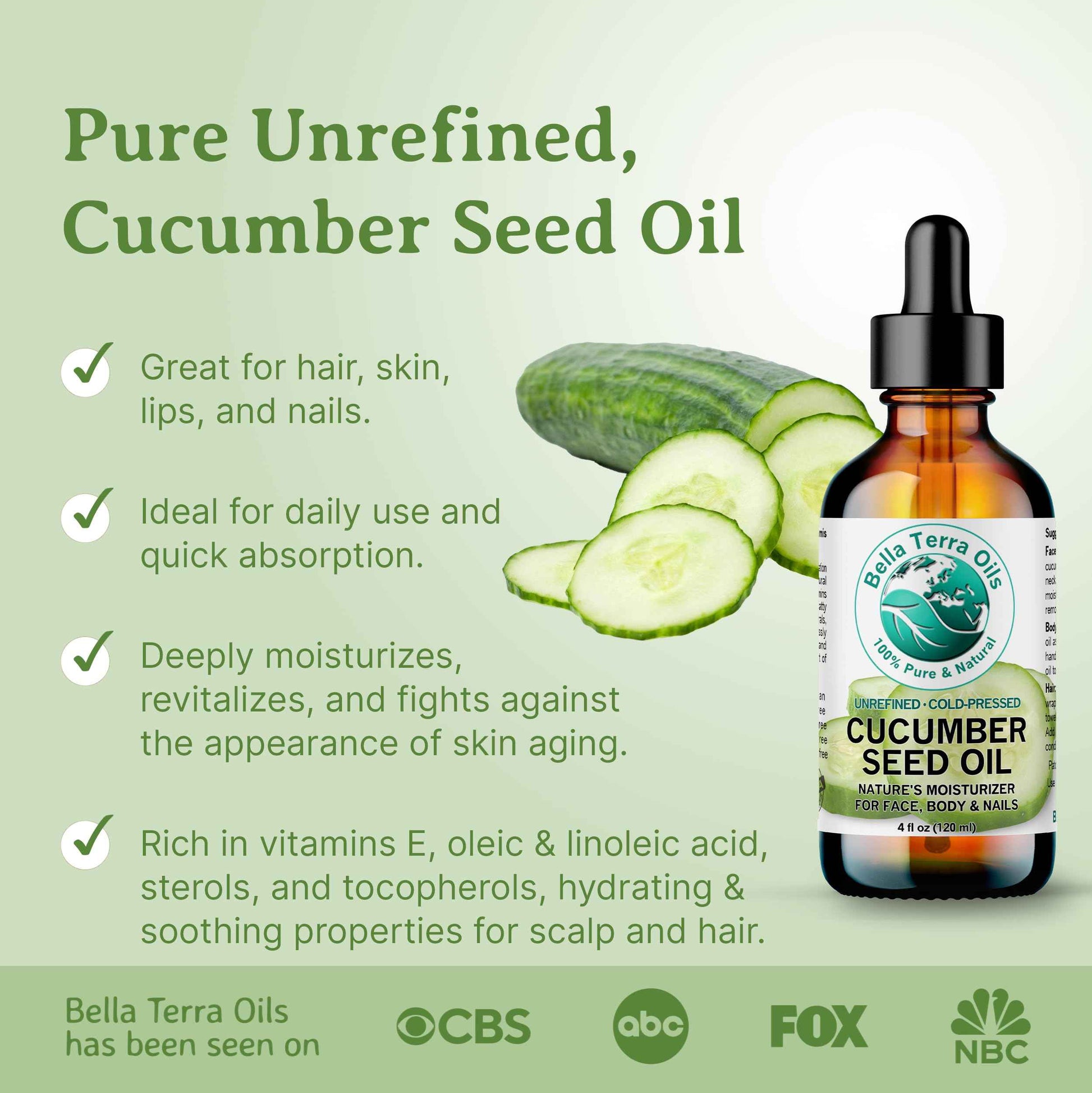 Bella Terra Oils - Cucumber Seed Oil 8 oz - Dive into Cucumber's Nutritional Treasure, Infused with Vitamins & Omega-3, Seamless Addition to Skin Care Arsenal