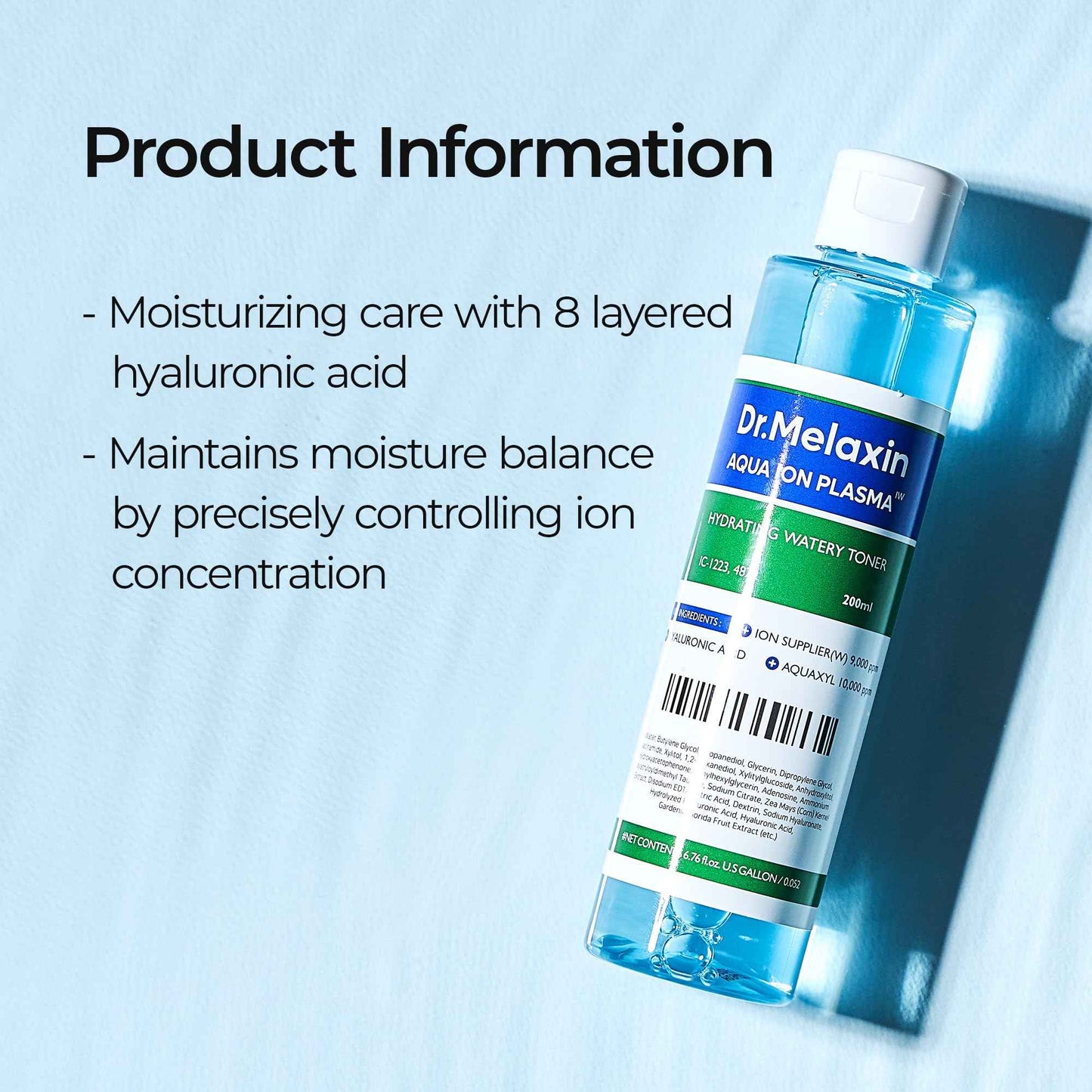 DR.MELAXIN Aqua Ion Plasma Watery Toner 200ml / 6.76 fl oz, Hyaluronic Acid, L22, moisturizing, Korean Skincare