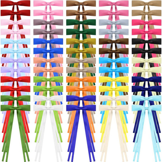 Mimorou 60 Pcs Silky Satin Hair Bows for Girls Women Bulk Ribbon Bow Bowknot Hair Clips with Long Tail Tassel for Women Girls Ponytail Holder Accessories, 30 Colors