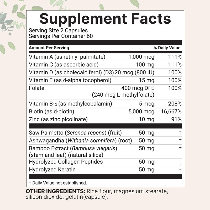 Micro Ingredients Hair Vitamins Complex, 120 Capsules | Hair Supplements for Women & Men with Hydrolyzed Collagen, Keratin, Methylfolate, Bamboo Extract, Vitamin C, Biotin, Saw Palmetto, & More