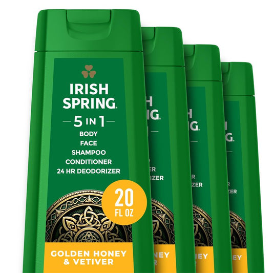 Irish Spring 5 in 1 Moisturizing Body Wash for Men, Shampoo, Conditioner, Body and Face Wash, and 24 Hour Deodorizer, Paraben-Free, Golden Honey & Vetiver Scent, 20 fl oz, 4 Pack