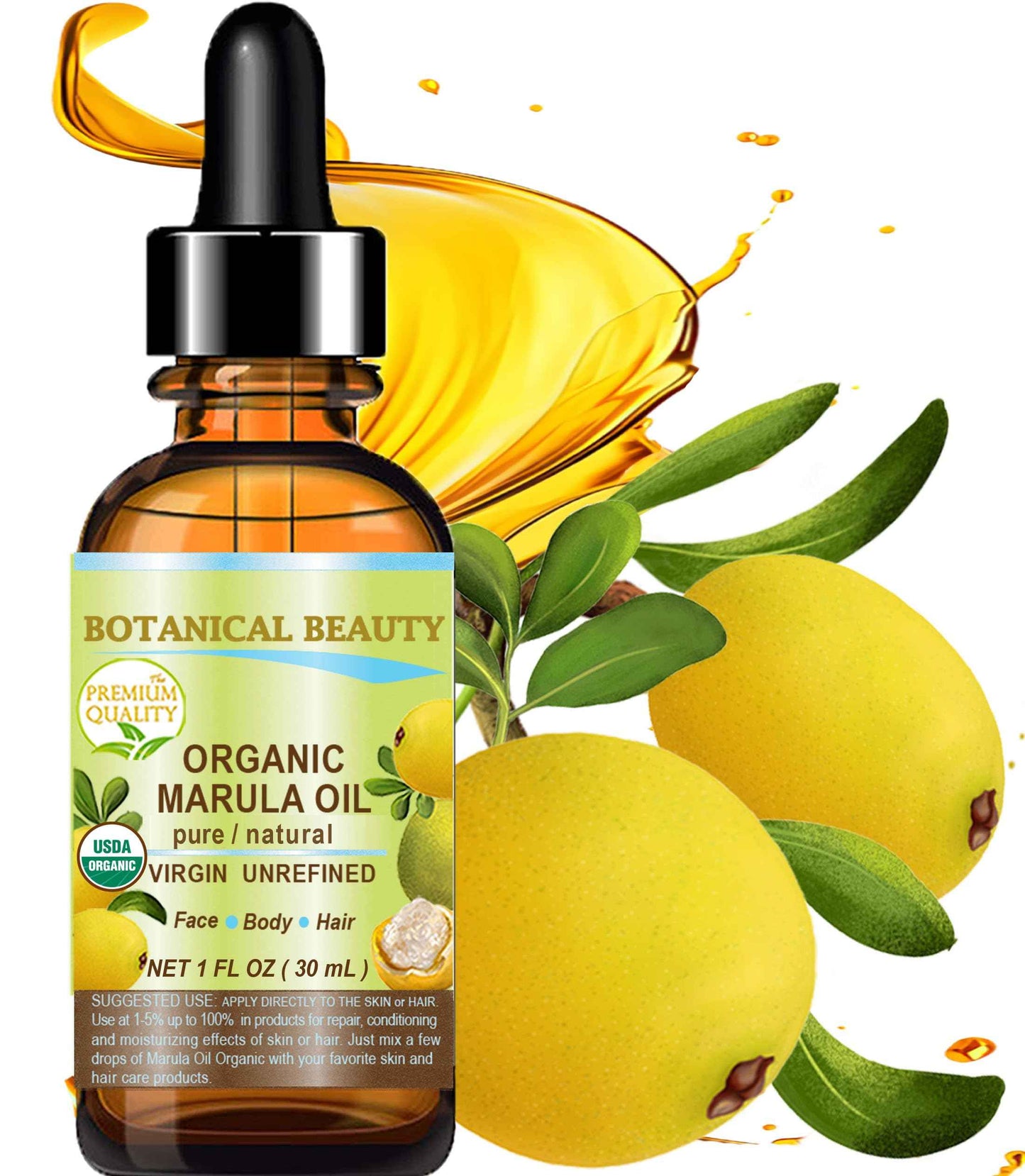 Botanical Beauty Organic MARULA OIL WILD GROWTH 100% Pure Natural Virgin, Unrefined Cold-Pressed Moisturizer for FACE, DRY SKIN, BODY, DAMAGED HAIR, NAILS, Anti-Aging (1 Fl Oz)