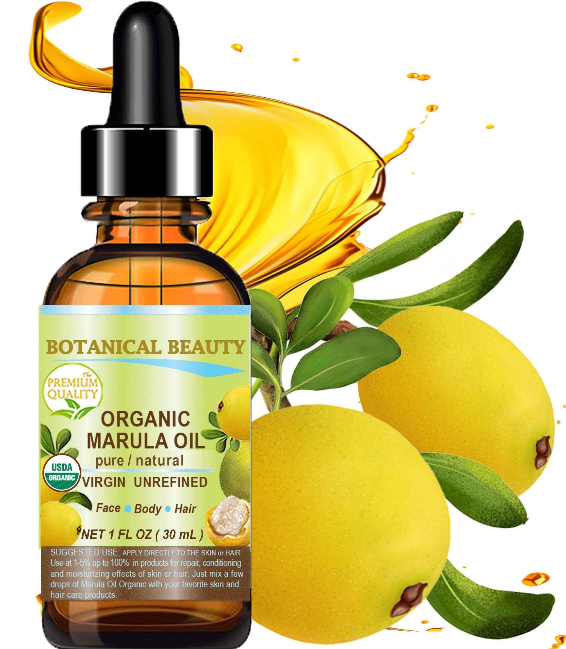 Botanical Beauty Organic MARULA OIL WILD GROWTH 100% Pure Natural Virgin, Unrefined Cold-Pressed Moisturizer for FACE, DRY SKIN, BODY, DAMAGED HAIR, NAILS, Anti-Aging (1 Fl Oz)