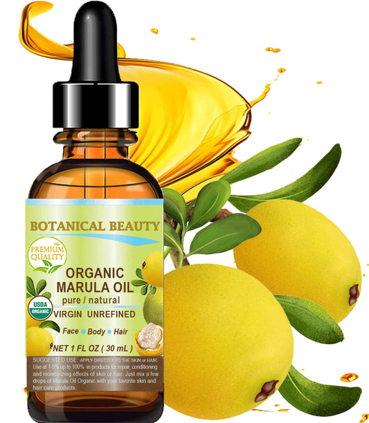 Botanical Beauty Organic MARULA OIL WILD GROWTH 100% Pure Natural Virgin, Unrefined Cold-Pressed Moisturizer for FACE, DRY SKIN, BODY, DAMAGED HAIR, NAILS, Anti-Aging (1 Fl Oz)