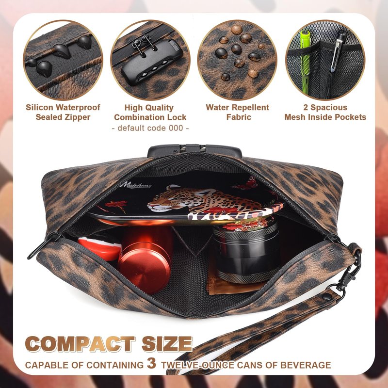 MAICHENG Storage Bag with Combination Lock and Accessories Travel Medicine Bag Container Money Cosmetic Organizer Great Gifts for Women Leopard