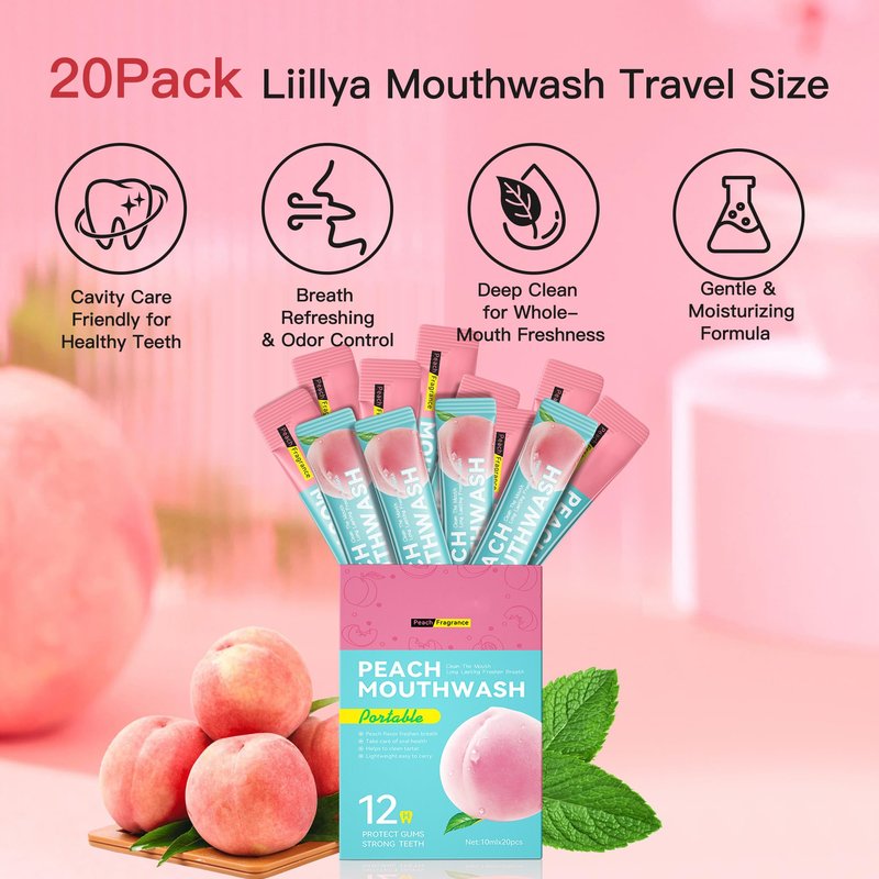 Liillya Mouthwash Travel Size Packets, Individual Portable Mouthwash Alcohol Free, Peach Mint Flavor, Mouth Wash for Adults, Fresh Breath, Oral Care, Teeth & Gum Health, TSA Compliant, 20 Packs