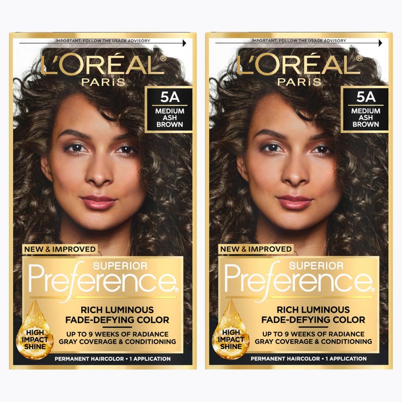 L'Oreal Paris Superior Preference Luminous Fade-Defying Permanent Hair Color, Hair Dye For Up to 9 Weeks of Radiance, Medium Ash Brown 5A, 1 Hair Dye Kit (Pack of 2)