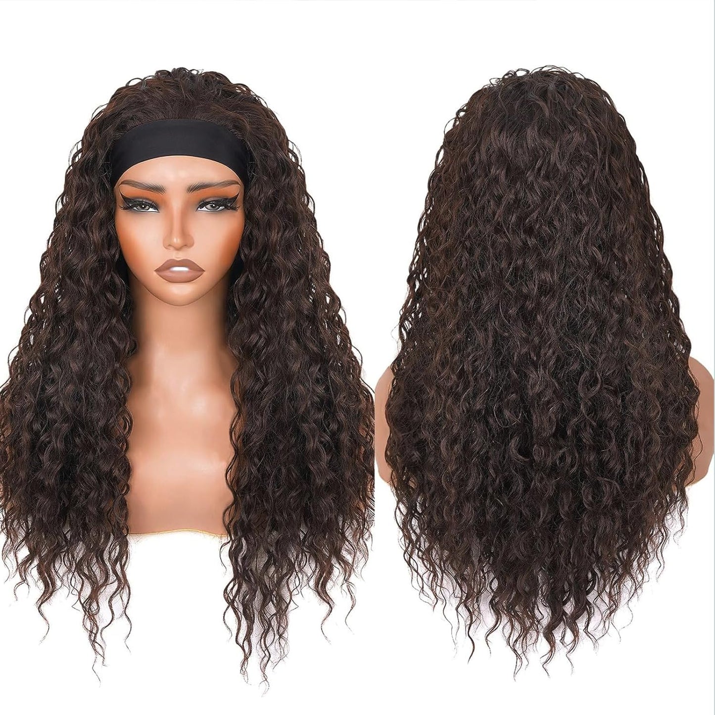 Emistar Curly Headband Wigs for Black Women Wet and Wavy Afro Headband Wig Water Wave Blend Human Hair & Synthetic Hair Ready to Go Glueless Half Wigs 180% Density (Natural Color-#4B, 16 Inch)