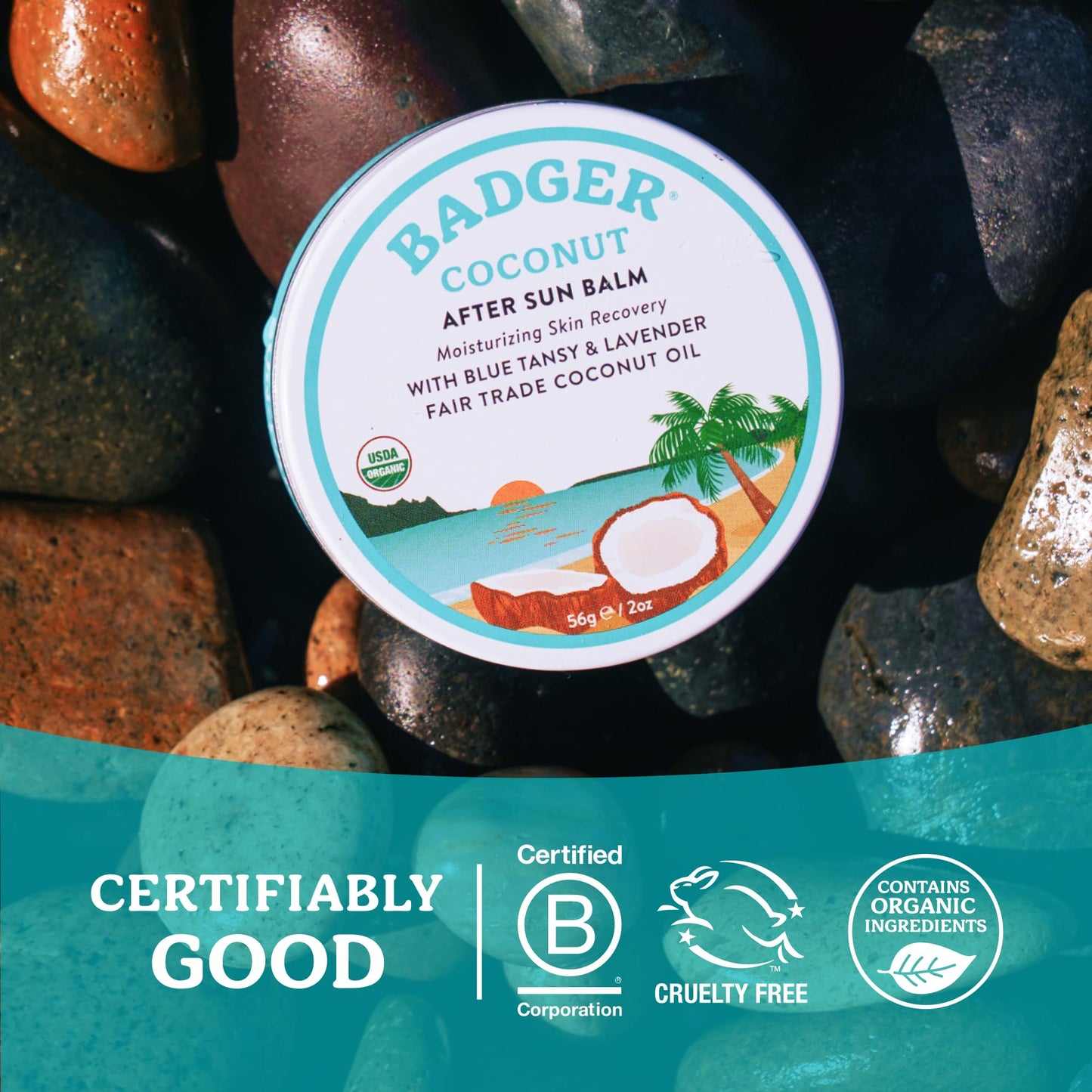 Badger Coconut AfterSun Balm, 100% Organic Soothing Sunburn Relief, Great Smelling, Moisturizing & Hydrating After Sun Skin Care, 2 oz Tin