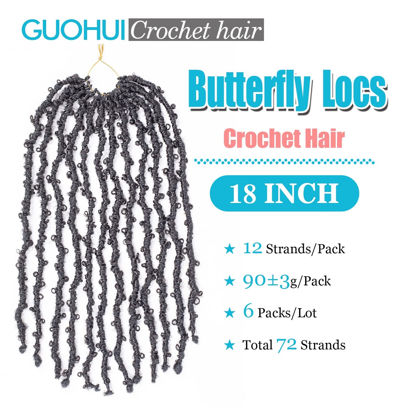 GUOHUI Butterfly Locs Crochet Hair 18 Inch Natural Black 6 Packs All Handmade Pre Looped Soft Distressed Faux Locs Braids for Women Kids (18", 1B)