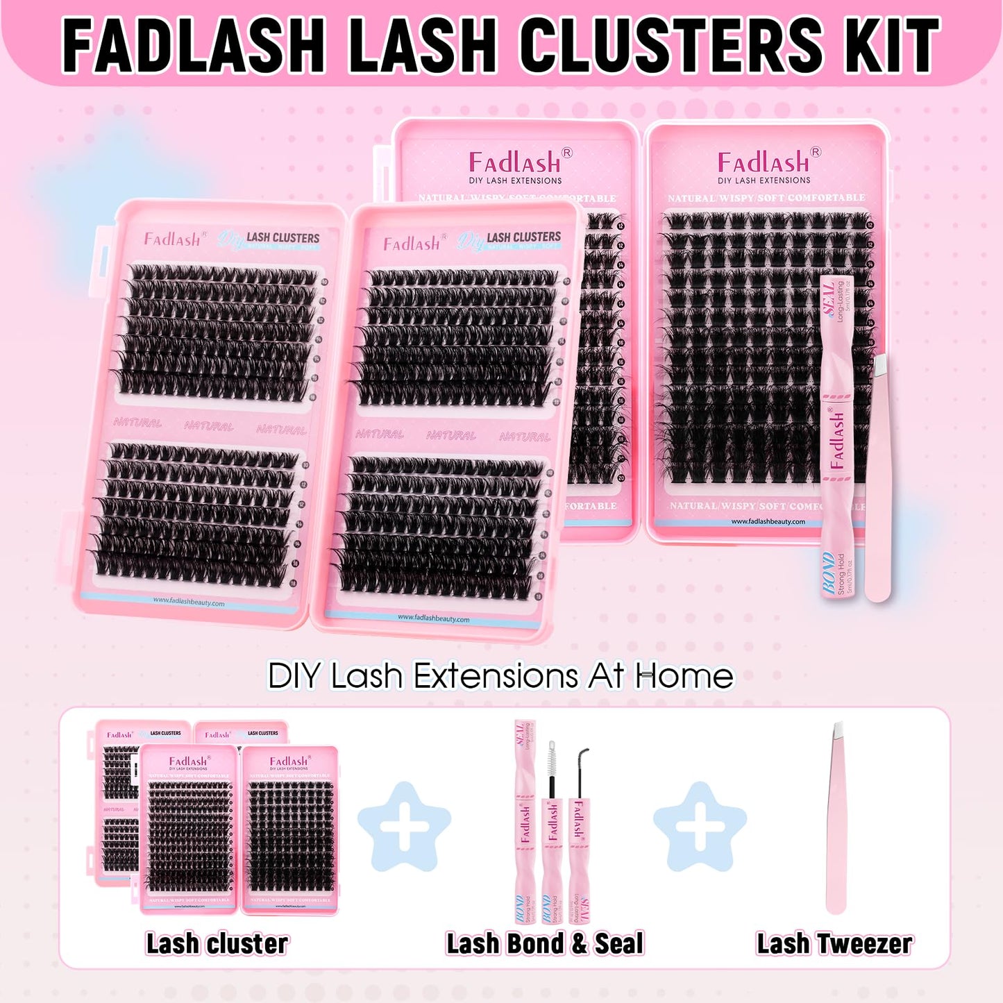 DIY Lash Extension Kit Bulk Packs D Curl Volume Eyelash Clusters Wispy Natural Individual Eyelashes with Lash Bond and Seal, and Lashes Tweezers for Beginners