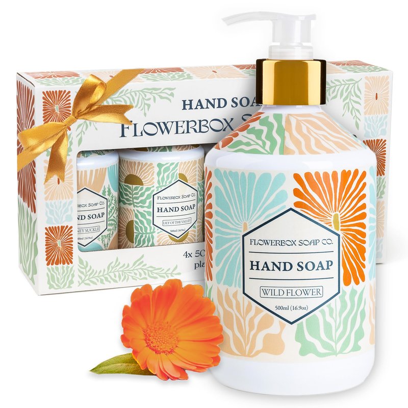 FlowerBox Liquid Hand Soap with Pump – Set of 4 Scented, Decorative Hand Soap Dispensers for Bathroom and Kitchen – 500 mL Luxury Floral Mosaic Bottles, Gift Pack
