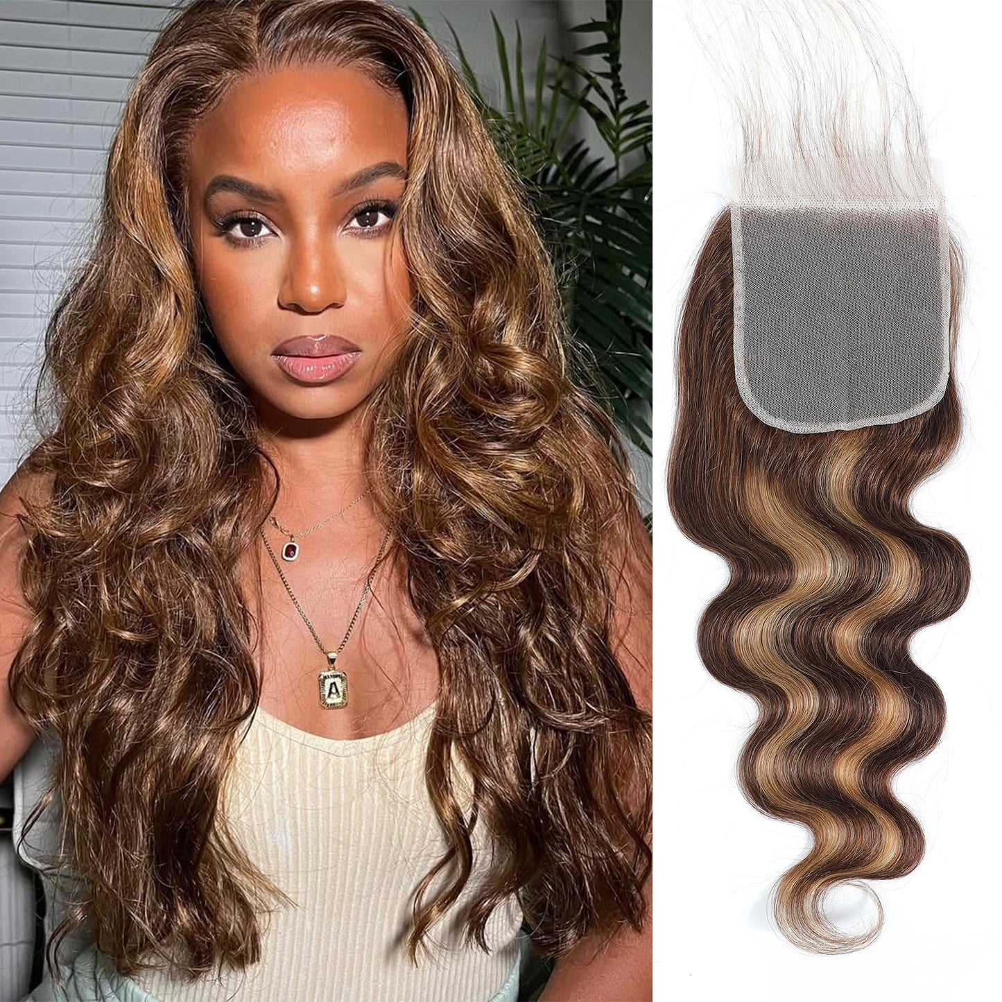 DSEKCAIN Highlight P4/27 5x5 Body Wave Lace Closure 100% Real Human Hair 12 Inch Transparent hd 5x5 Lace Closure Body Wave Chocolate Brown and Honey Blonde Piano Color 150% Density