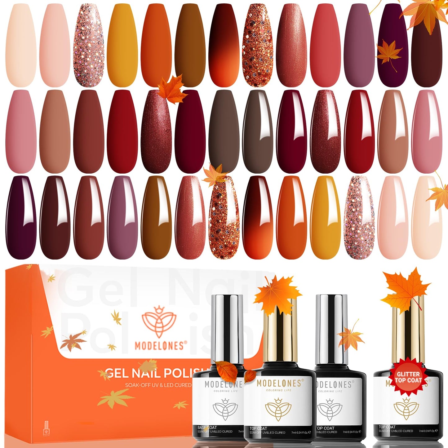 modelones 24 PCS Gel Nail Polish Kit, 20 Colors Fall Pink Brown Nude Orange Gel Polish Set with Glitter, Glossy and Matte Top Base Coat Home DIY Manicure Nail Art Design Gifts