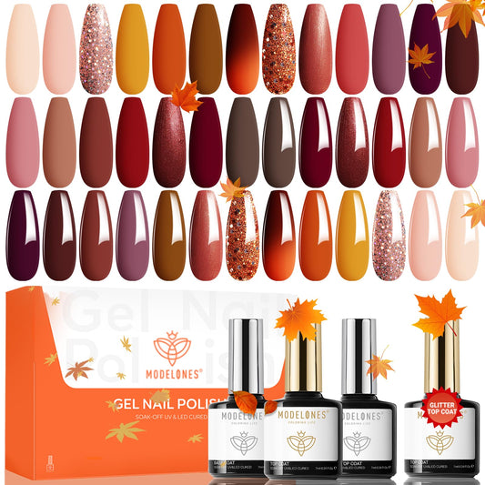 modelones 24 PCS Gel Nail Polish Kit, 20 Colors Fall Pink Brown Nude Orange Gel Polish Set with Glitter, Glossy and Matte Top Base Coat Home DIY Manicure Nail Art Design Gifts