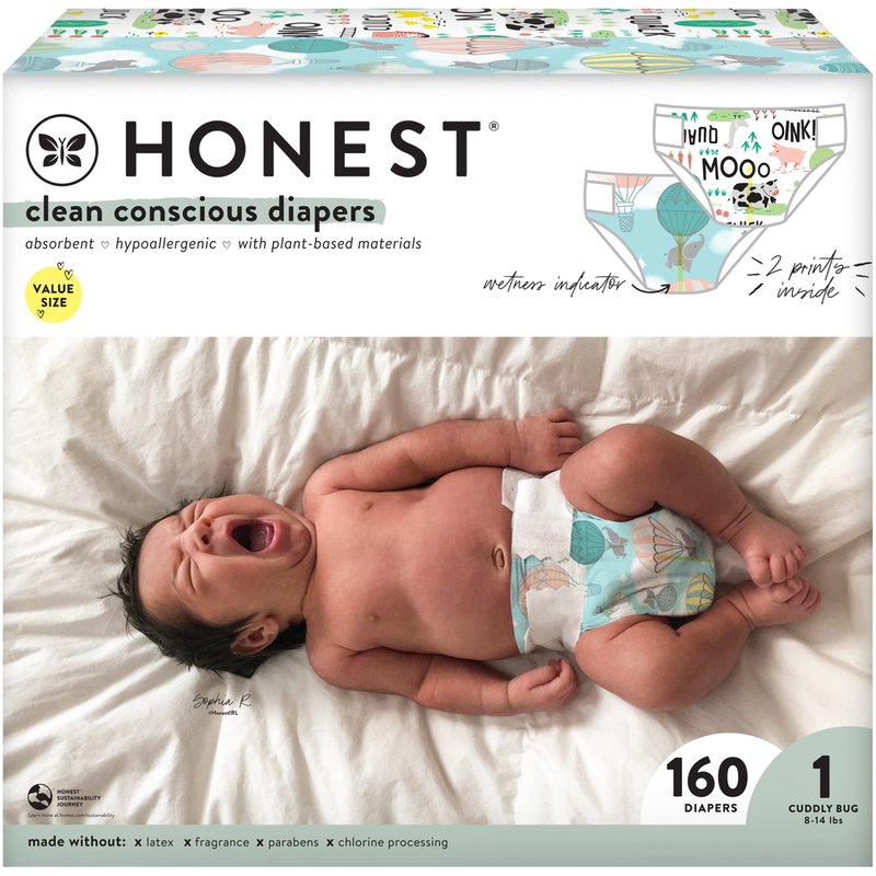 The Honest Company Comfort Dry Disposable Diapers Plant-Based Sustainable Above It All and Barnyard Babies Super Club Box Size 1 8-14 lbs 160 Count
