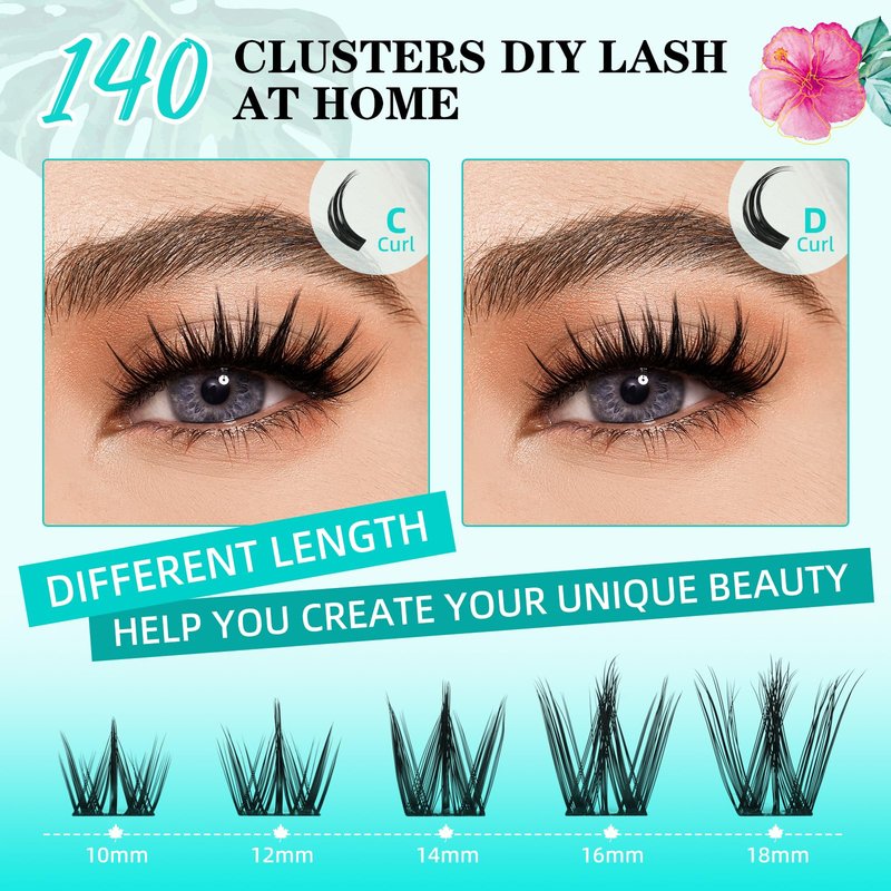 Lash Extension Kit 280PCS Eyelash Clusters 80D DIY Eyelash Extension Kit Individual Lashes Natural Lash Clusters Kit with Lash Bond and Remover, Lash Tweezers(D-Mix9-16mm Kit)
