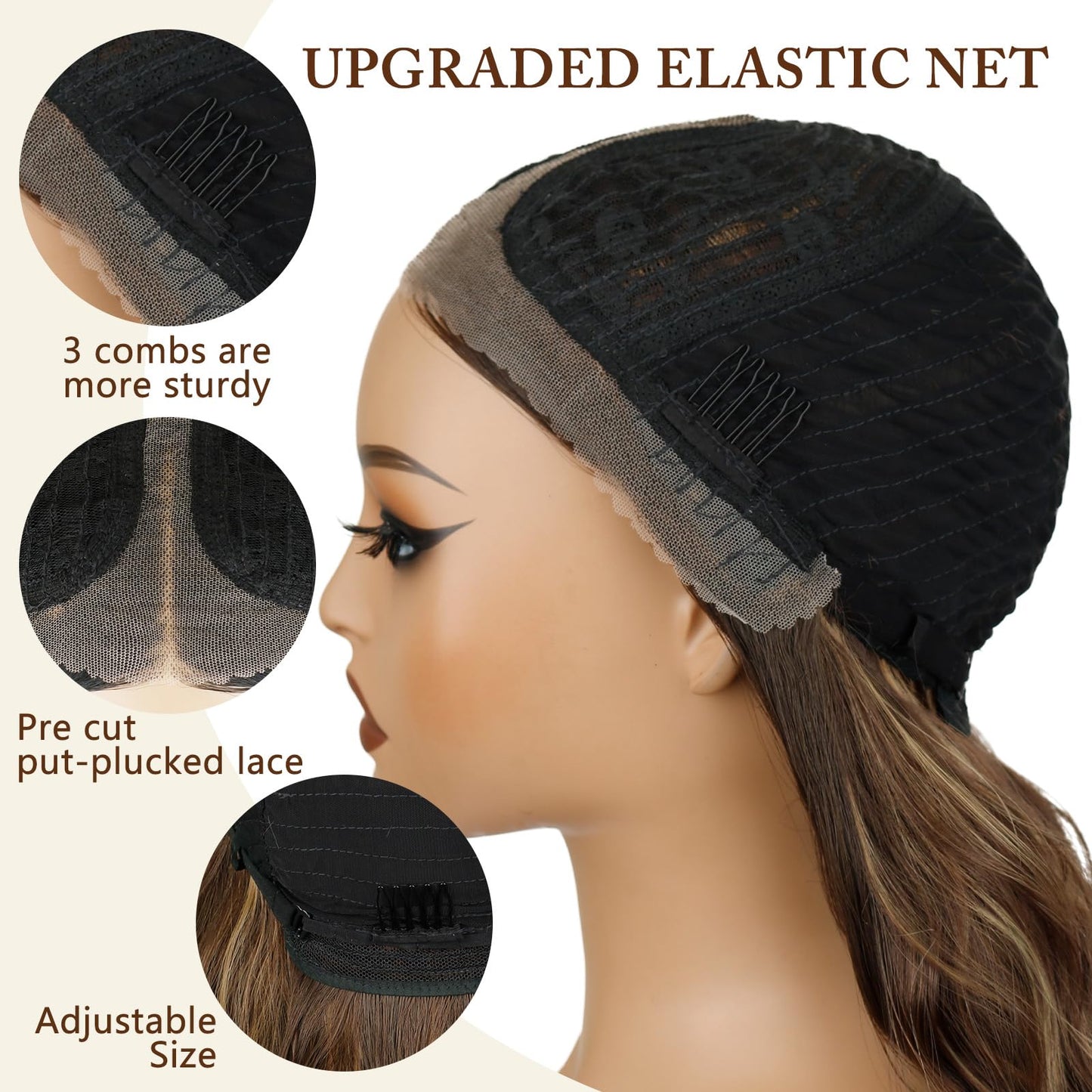 NOVFLKW Brown Highlight Short Wavy Wig for Women Shoulder Length Middle Part with Pre Cut Lace Hairline Wavy Wig Natural Appearance Synthetic Heat Resistant Fiber for Everyday Hairstyle 16 Inch