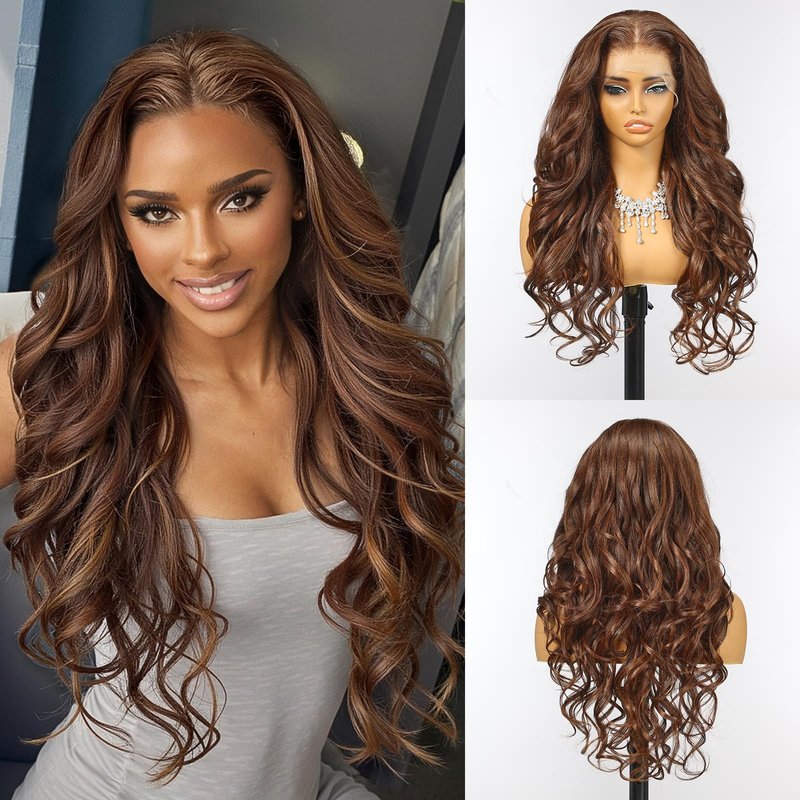 Allbell 13x6 Glueless HD Lace Wigs,Synthetic Lace Front Wig for Black Women,24Inch Balayage Brown Body Wave Hair Replacement