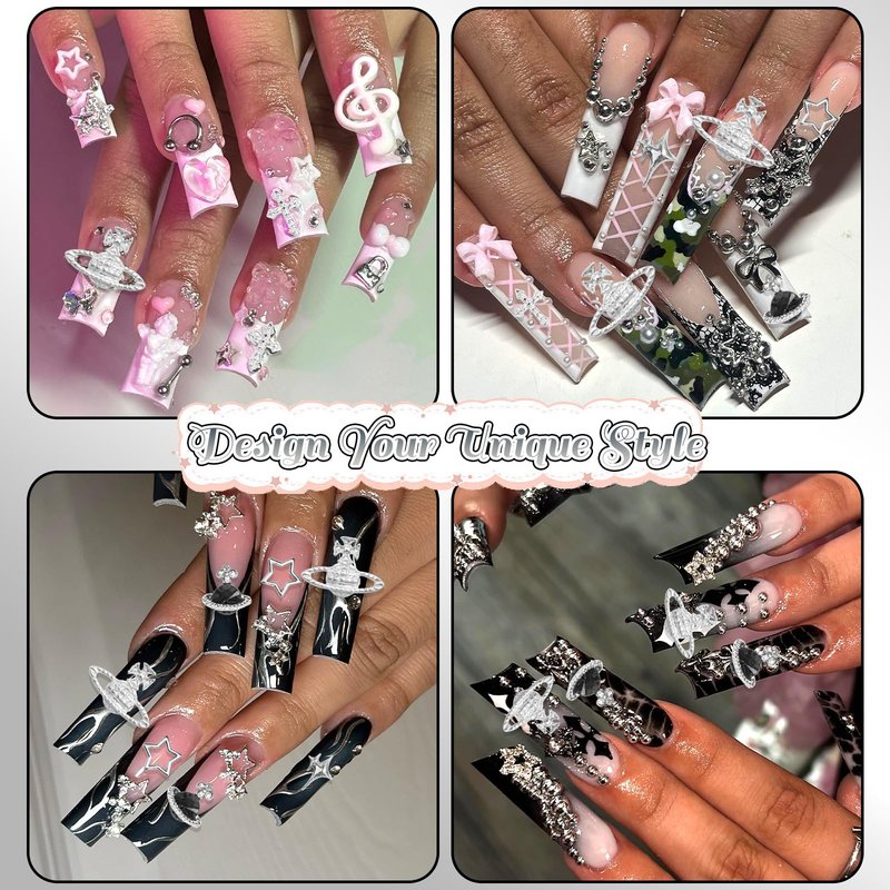 BELICEY 2 Boxes 3D Nail Charms Mix Silver Star Cross Planet Saturn Charms for Nails Silver Flatback Nail Pearls Nail Decoration Gems Pearls for Nails Jewelry for DIY Nail Art Supply Accessories Crafts